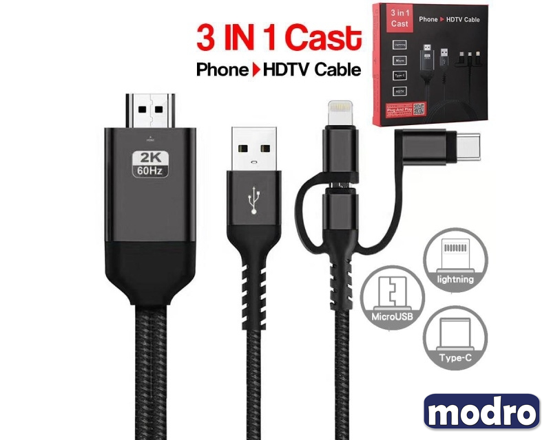 Kabl HDMI 2K na (Micro+Tip C+Iphone) povezuje TV+mob 2m